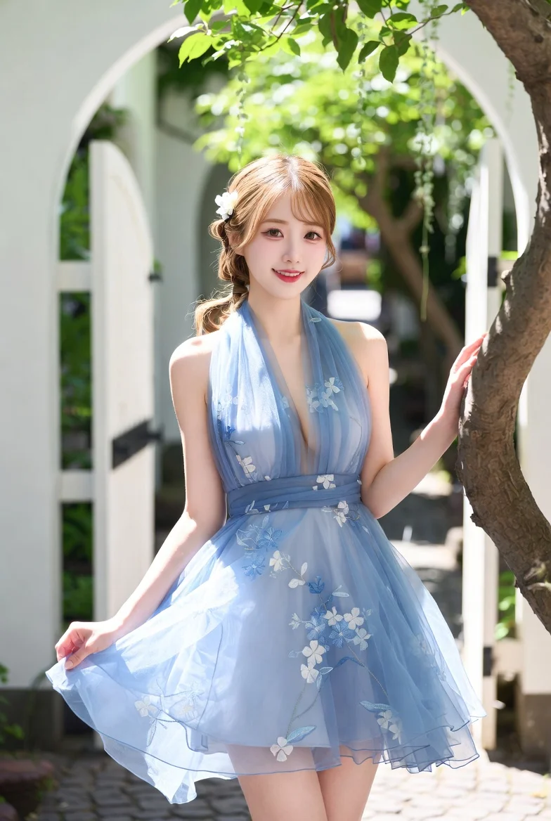 Elegant portrait of woman with side braid in romantic courtyard