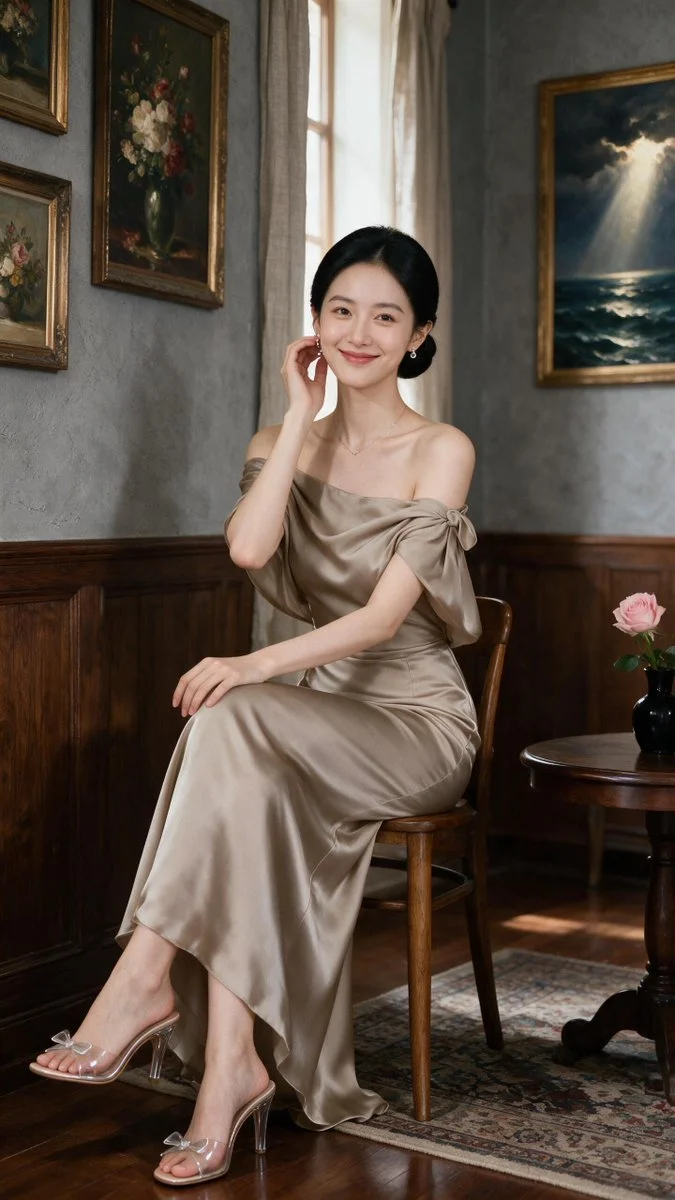 Elegant portrait shows woman touching her earring in refined setting.