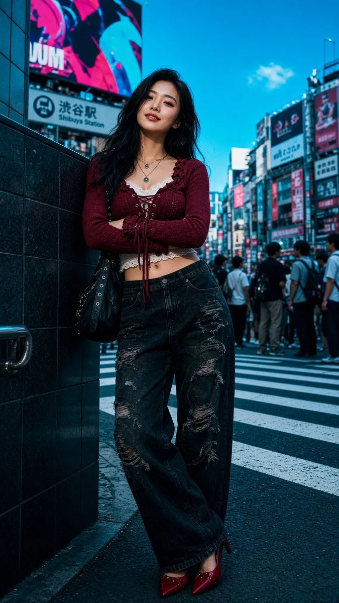 Elegant pose in distressed jeans at Shibuya with wind-swept waves