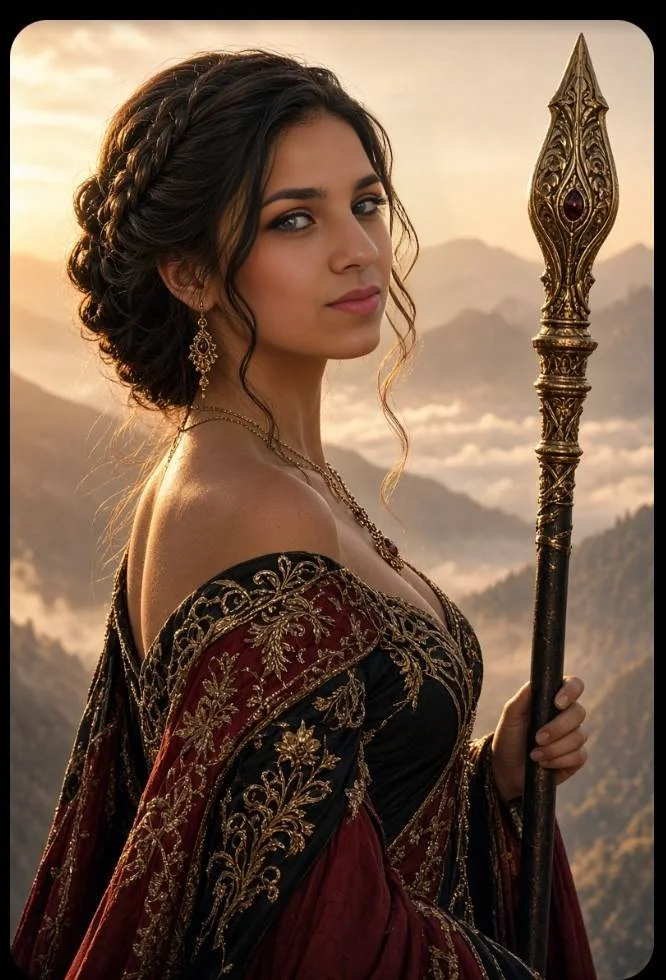Elegant Queen in Burgundy Gown Stands Against Golden Sunrise