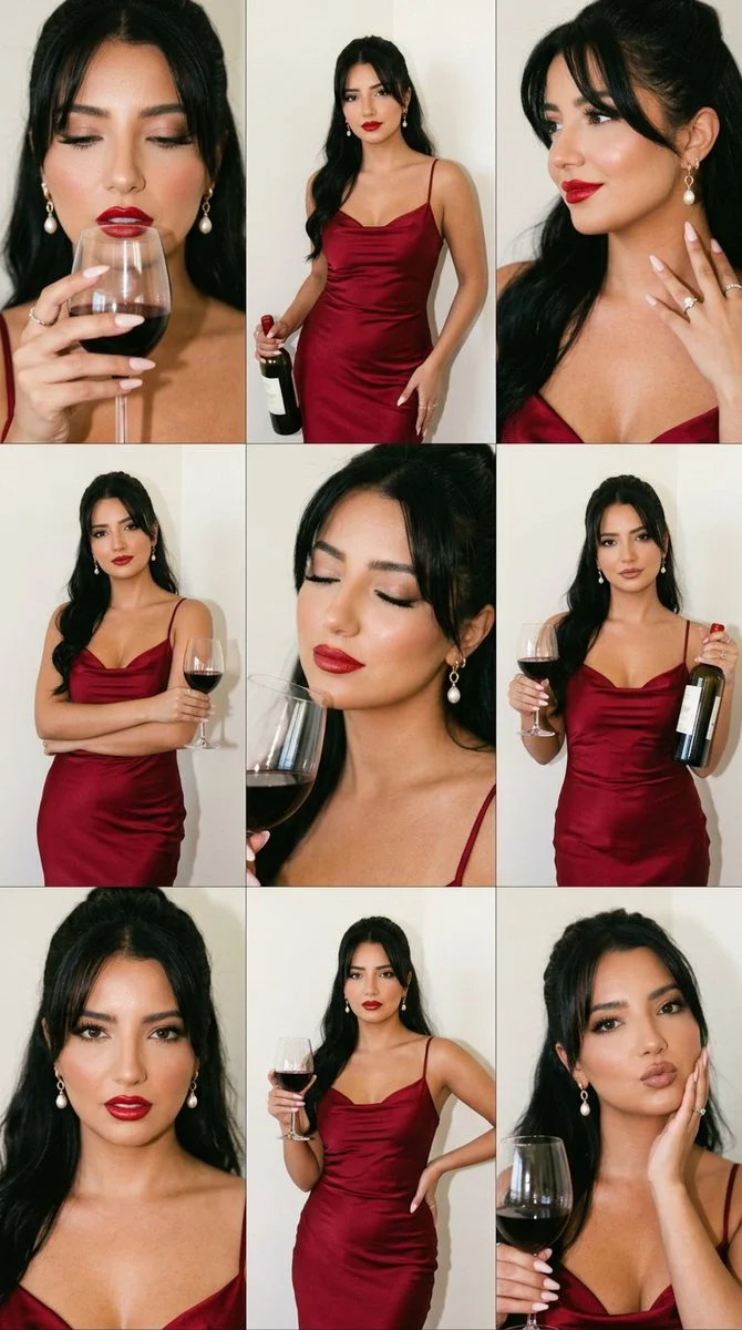Elegant Red Satin: A Luxe 3x3 Wine Editorial Portrait Grid