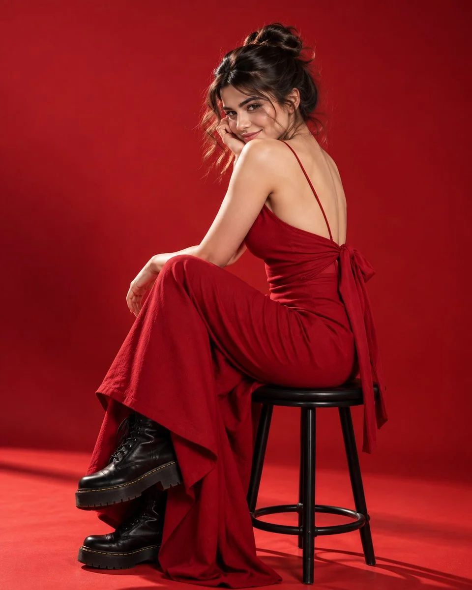 Elegant red satin gown fashion shoot with three editorial poses