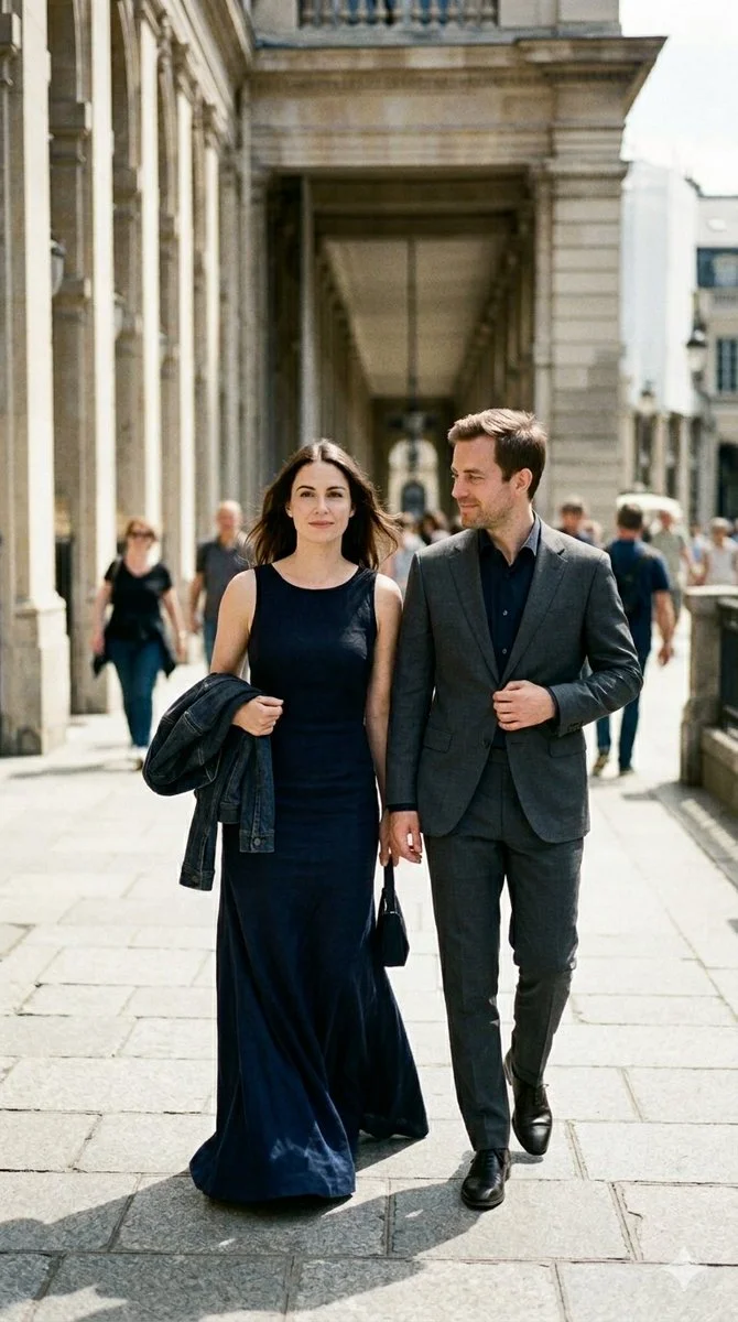 Elegant Romance in a Sunlit Parisian Colonnade