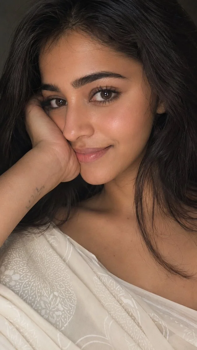 Elegant saree drapes over shoulders in a cinematic portrait