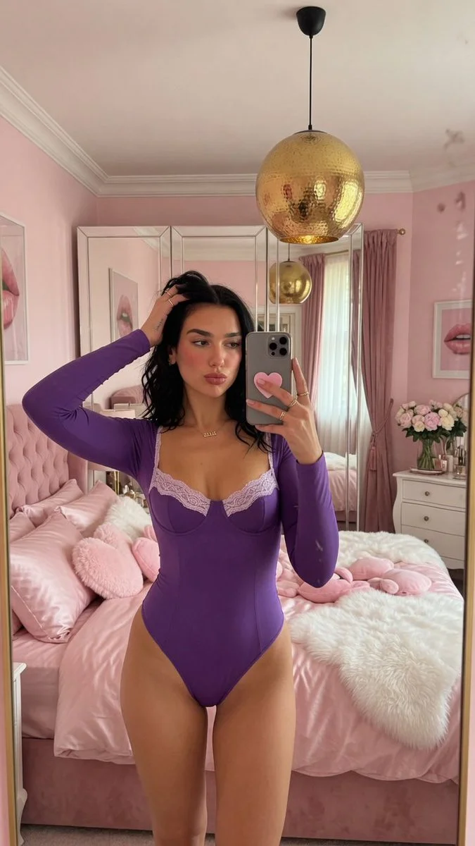 Elegant selfie captures figure-hugging bodysuit and gold necklace detail