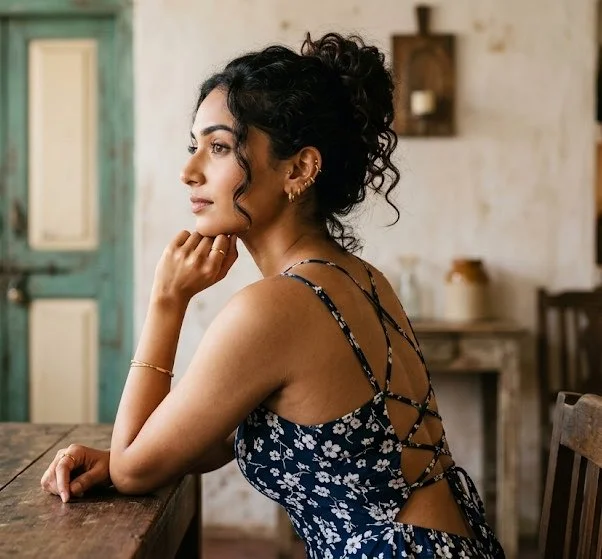 Elegant side profile of a woman with curly updo in cafe