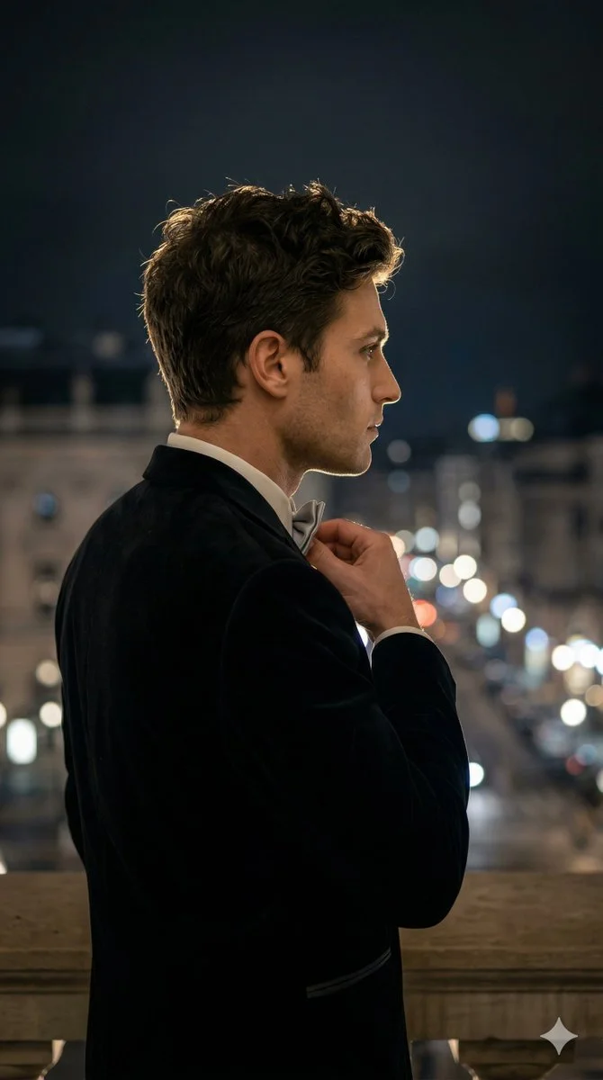 Elegant Silhouette on Grand Opera Balcony at Night