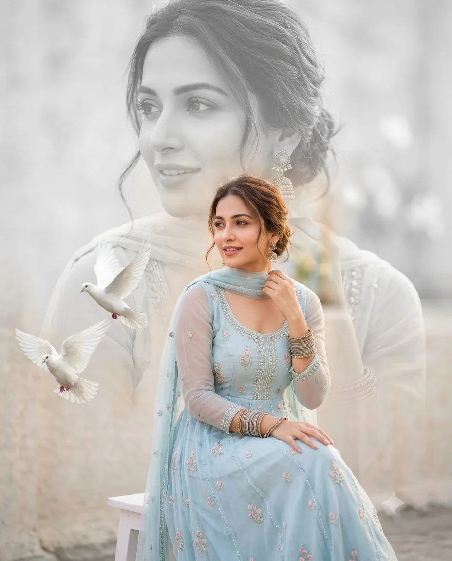 Elegant South Asian Woman in Pastel Blue Anarkali Double Portrait