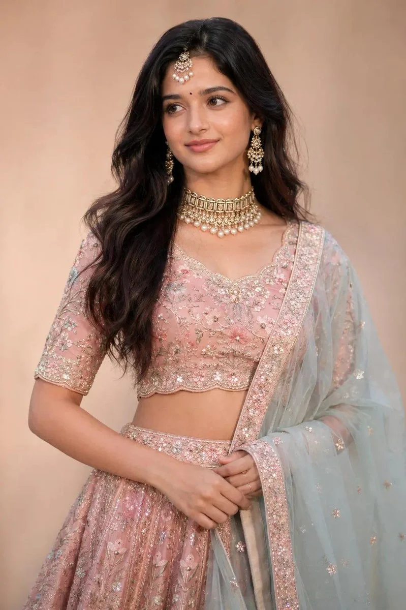 Elegant South Asian Woman Poses in Pastel Blush Lehenga Choli