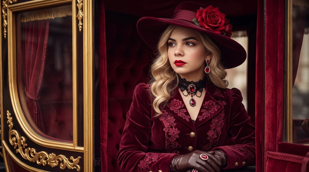 Elegant Victorian Lady in Burgundy Velvet Sits Inside Carriage