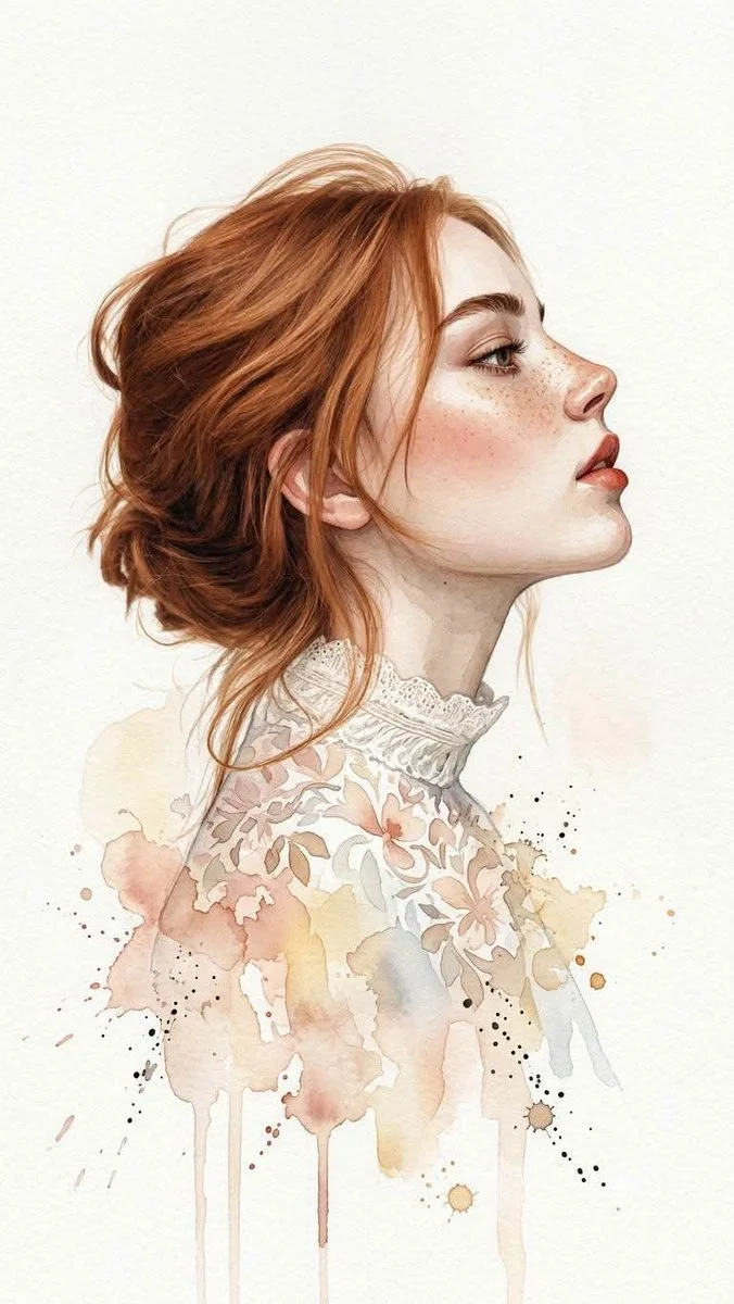 Elegant watercolor portrait with soft pastel tones and delicate brushwork