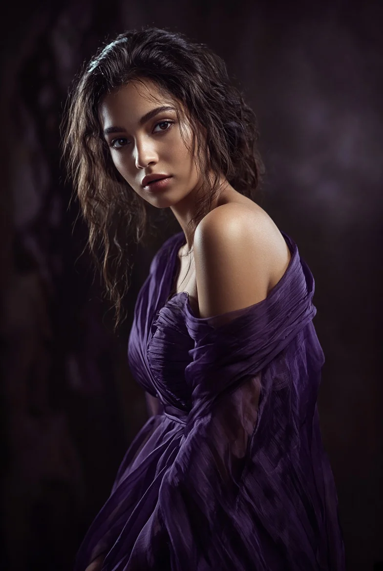 Elegant Woman Draped in Purple Silk Poses Under Moody Light
