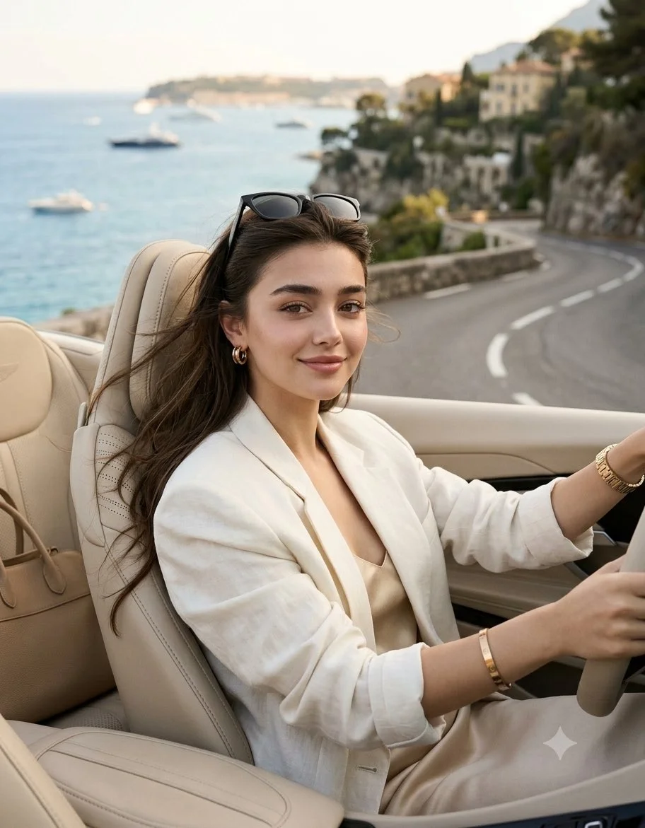 Elegant woman drives Aston Martin along the French Riviera coast