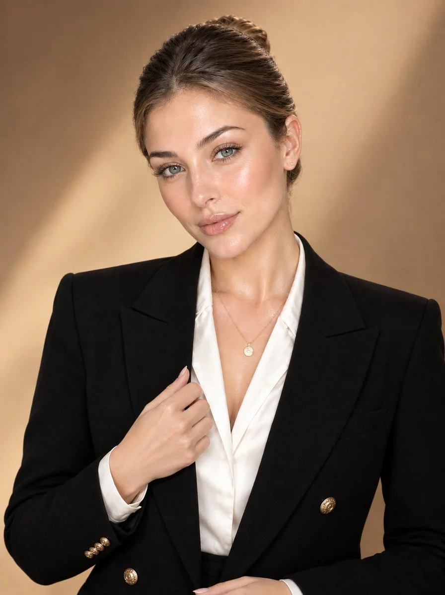 Elegant Woman in Black Blazer Poses for Luxury Portrait