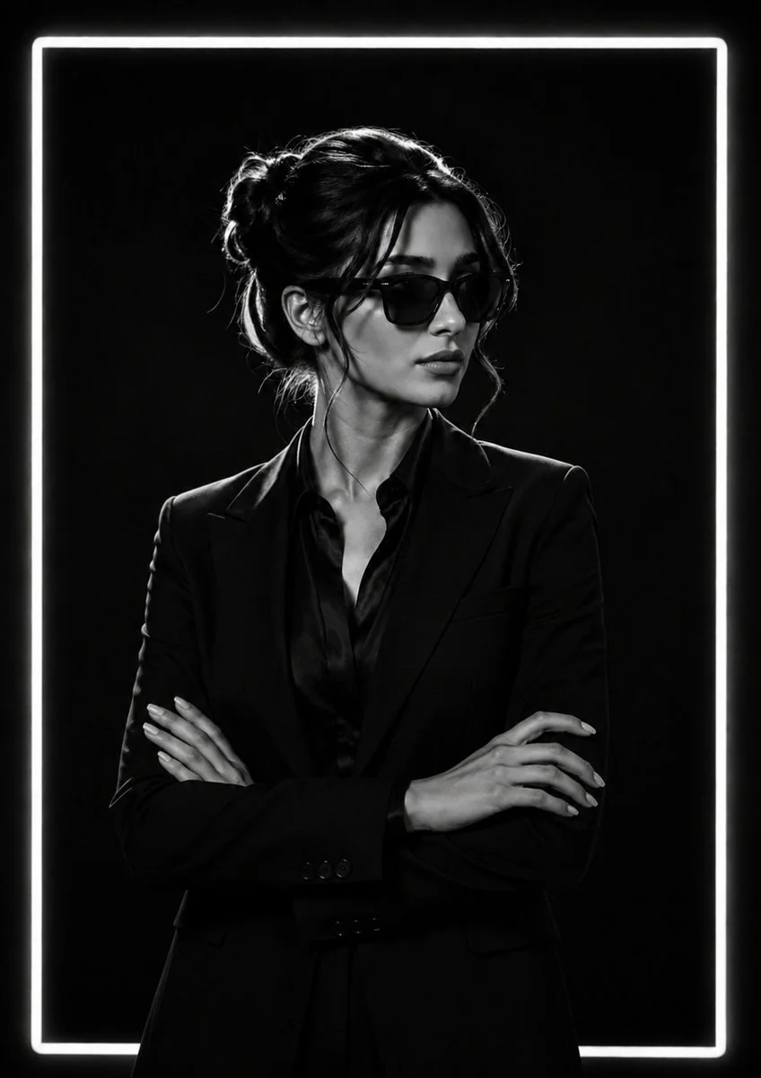 Elegant woman in black bun poses with confident gaze