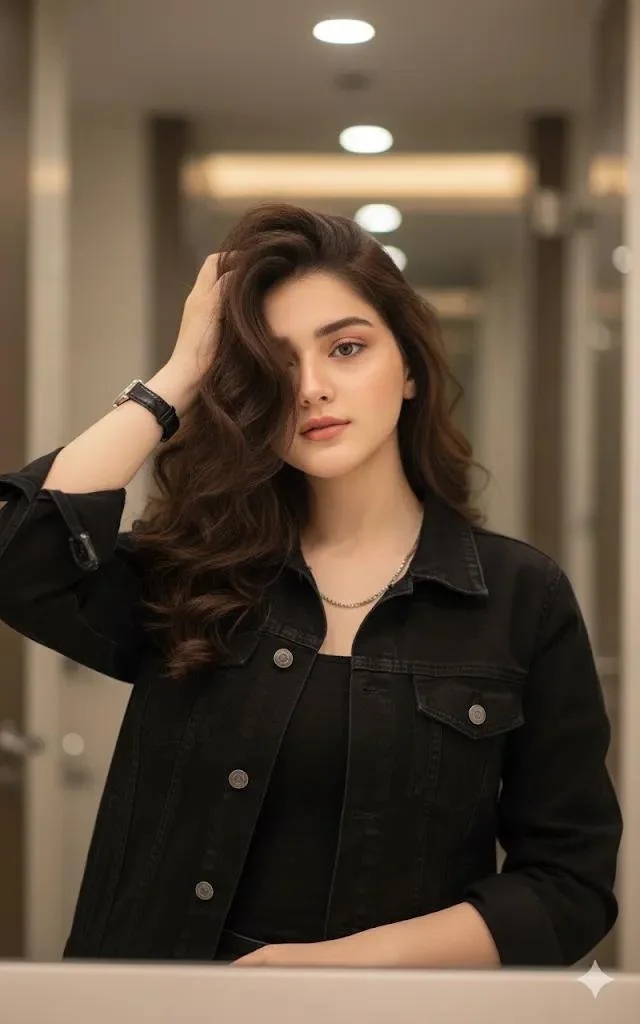 Elegant Woman in Black Denim Jacket Poses in Modern Hallway