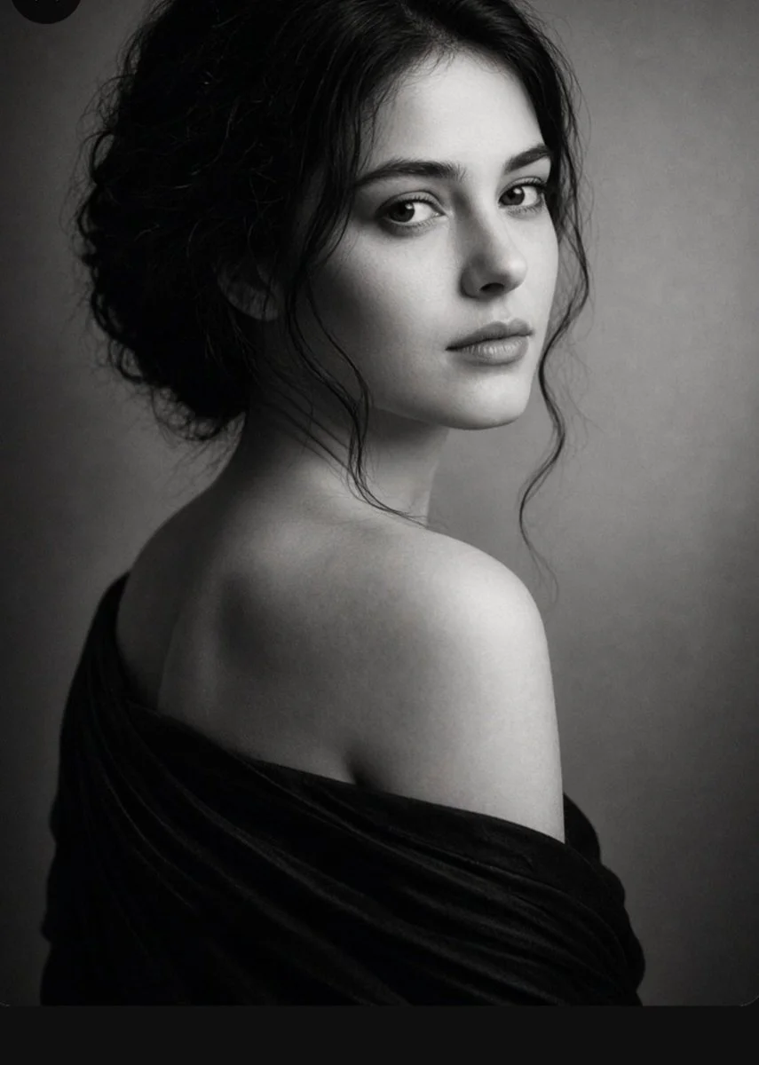 Elegant woman in black drapery poses for timeless monochrome portrait