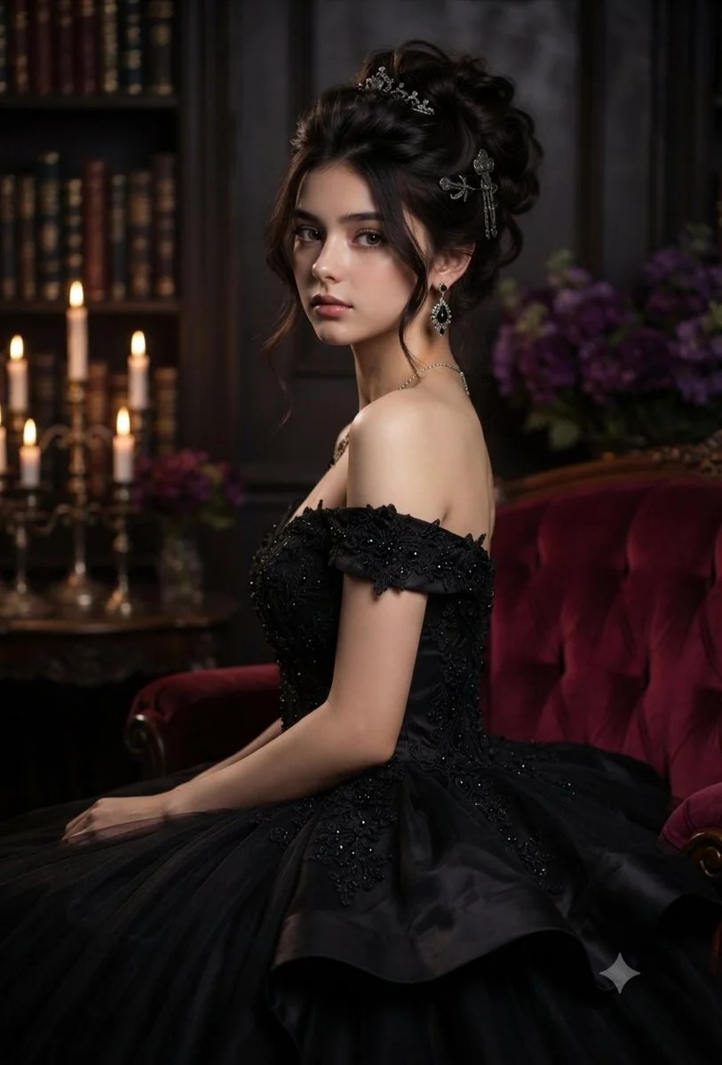 Elegant woman in black gown poses in candlelit library