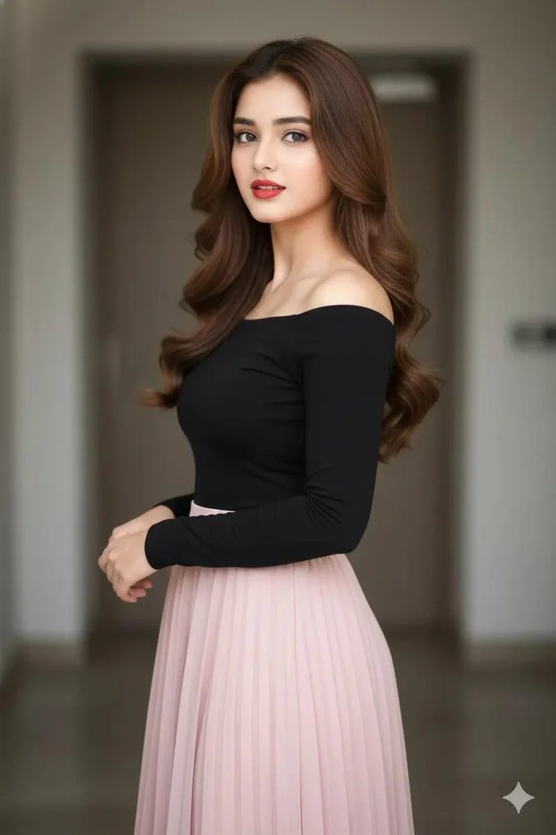 Elegant woman in black off-shoulder top and pink skirt stands indoors