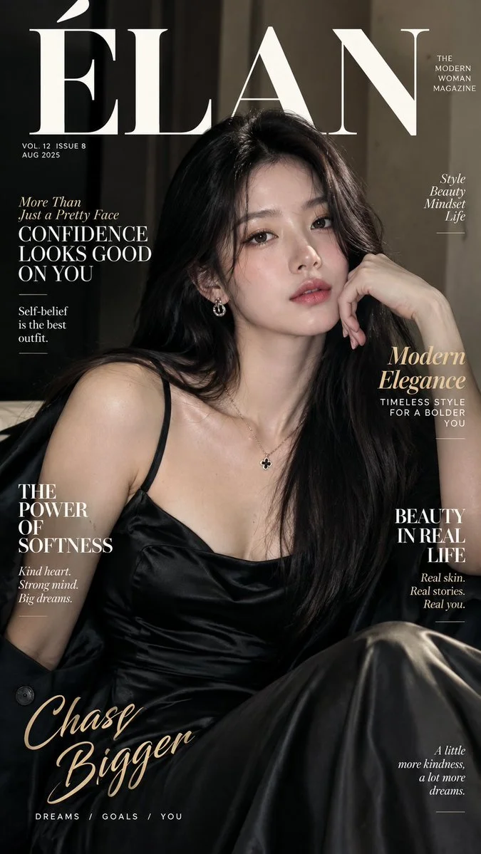 Elegant Woman in Black Satin Dress Poses for Luxury Fashion Cover