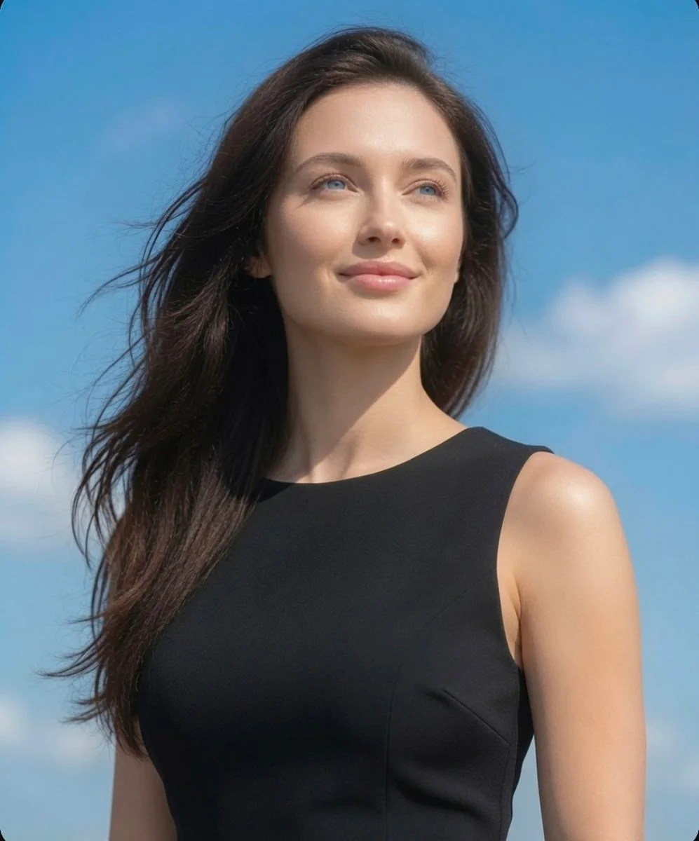 Elegant woman in black top gazes serenely at distant clouds.
