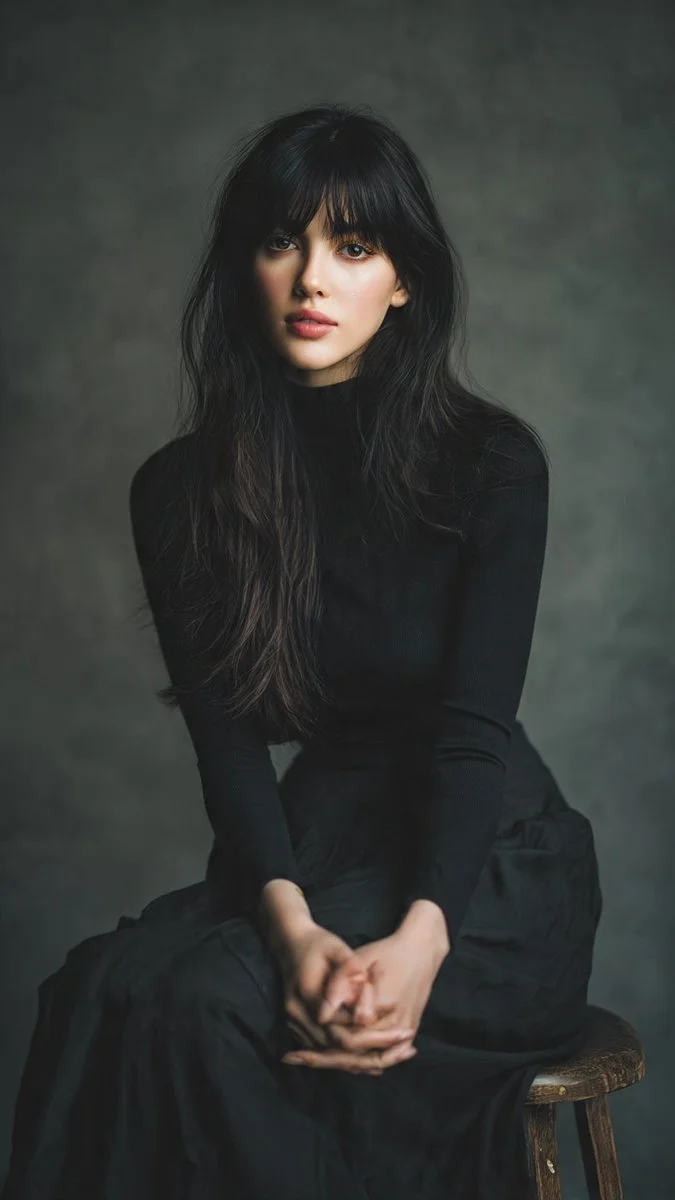 Elegant woman in black turtleneck poses under dramatic studio lighting