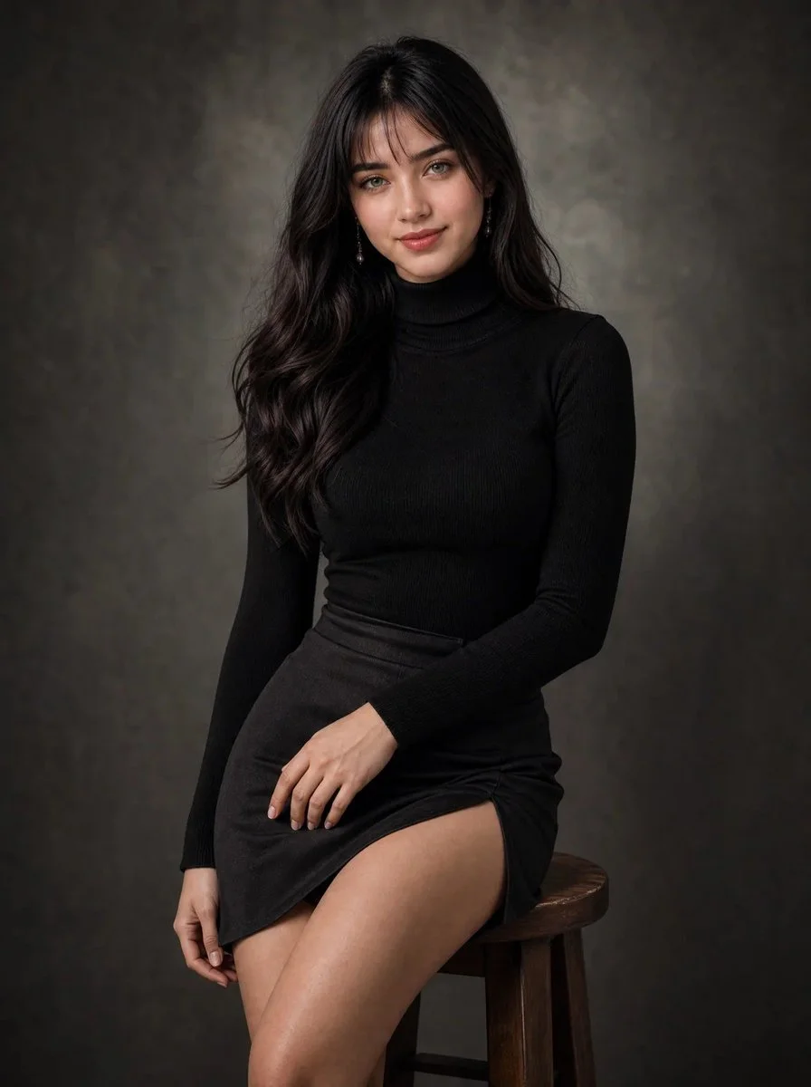 Elegant woman in black turtleneck poses under dramatic studio light