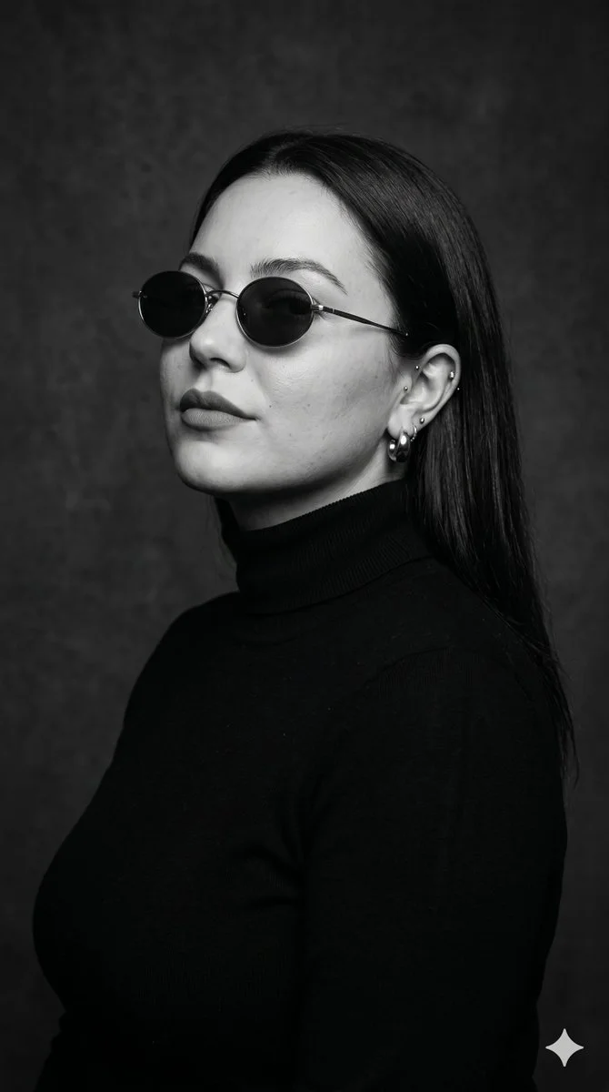 Elegant woman in black turtleneck poses with minimalist sunglasses