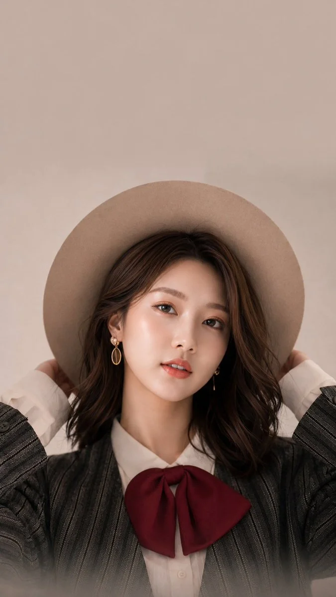 Elegant woman in blazer holds hat with hands behind head