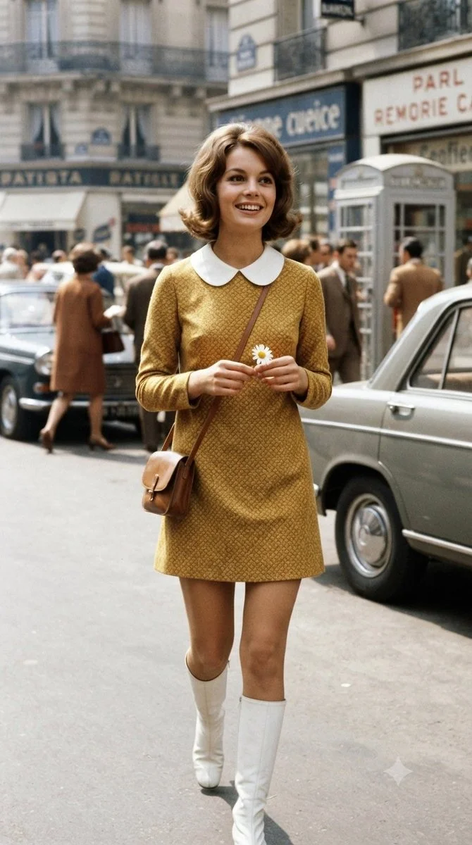 Elegant woman in blue blazer holds daisy on Paris cobblestone street