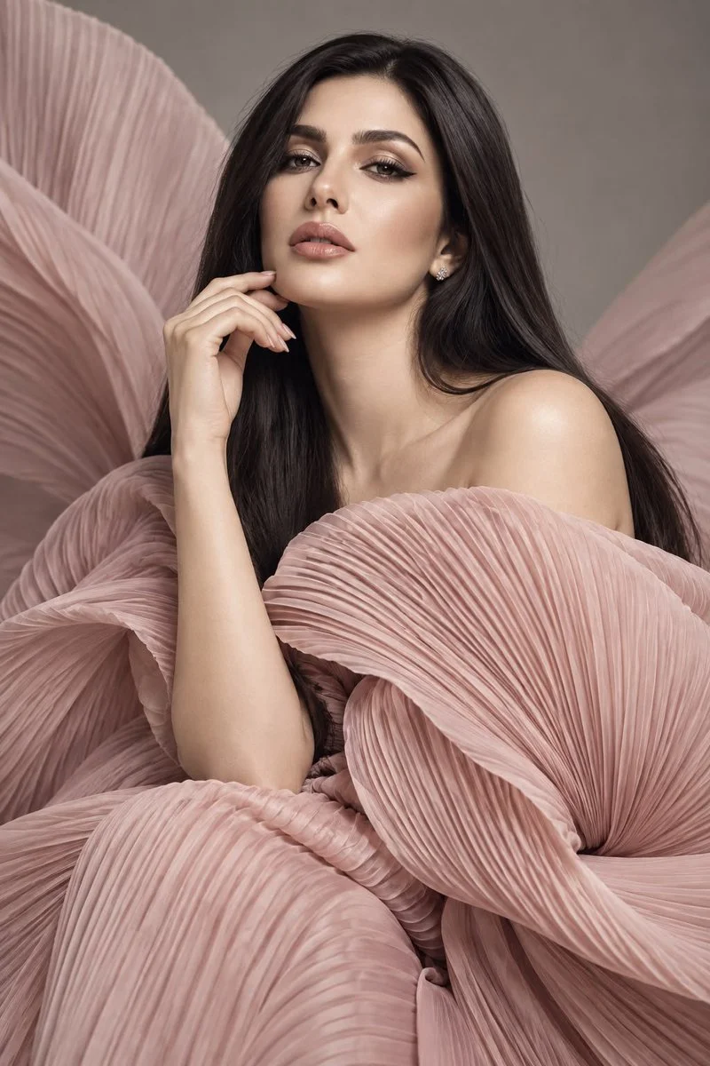 Elegant woman in blush pleated gown poses with sculptural fabric folds