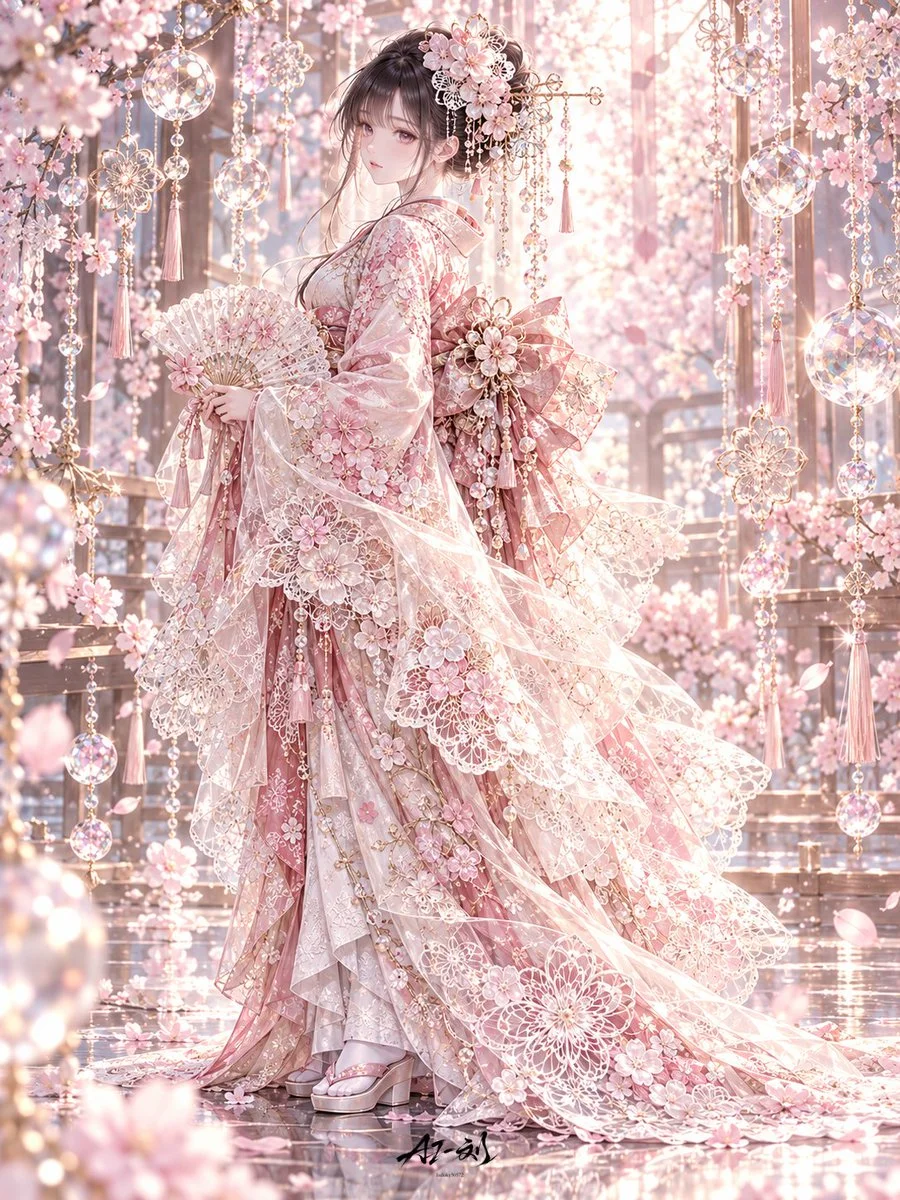 Elegant woman in cherry-pink furisode kimono stands among crystal blossoms