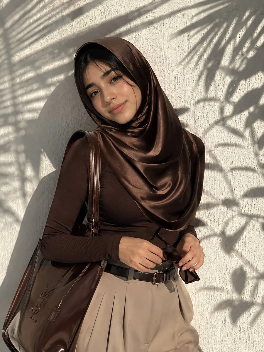 Elegant woman in chocolate hijab leans against sunlit wall