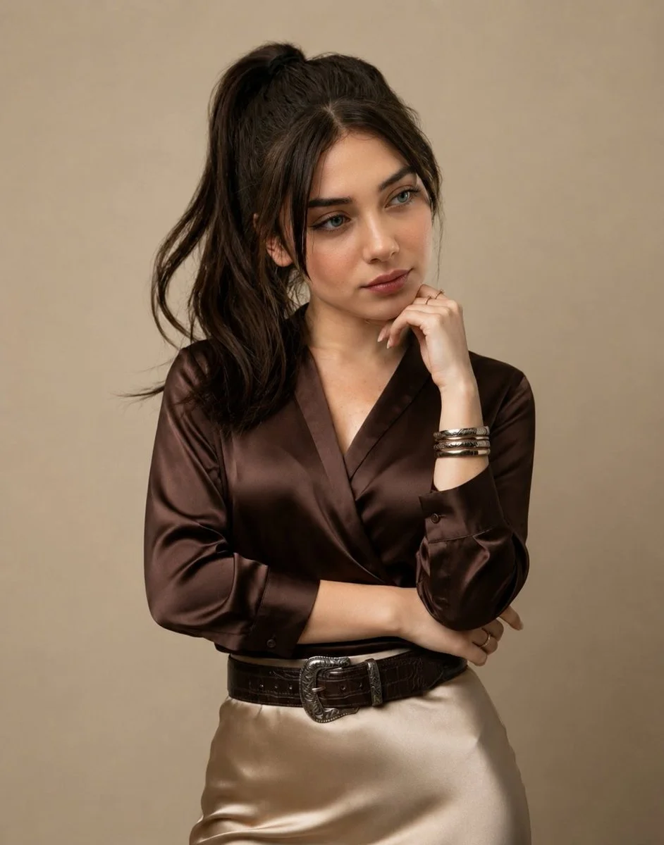 Elegant woman in chocolate satin poses against warm beige studio backdrop