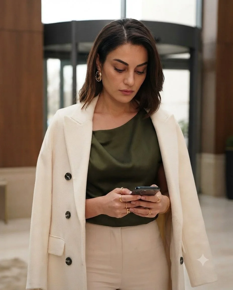 Elegant Woman in Cream Blazer Pauses in Hotel Lobby