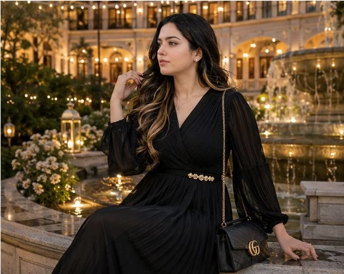 Elegant woman in cream silk enjoys lakeside coffee at sunset