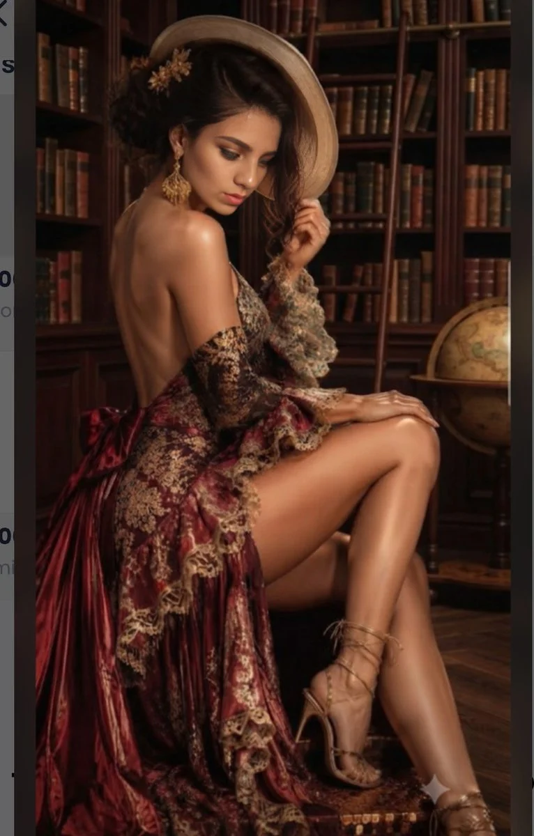 Elegant woman in crimson gown sits among ancient books in a library