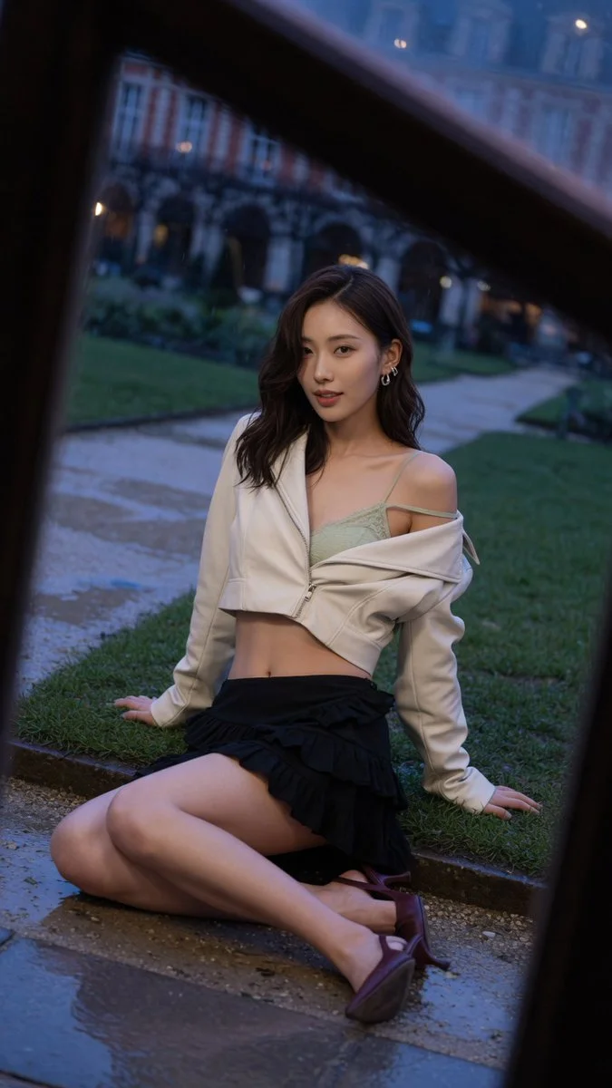 Elegant woman in cropped leather jacket poses at Place des Vosges