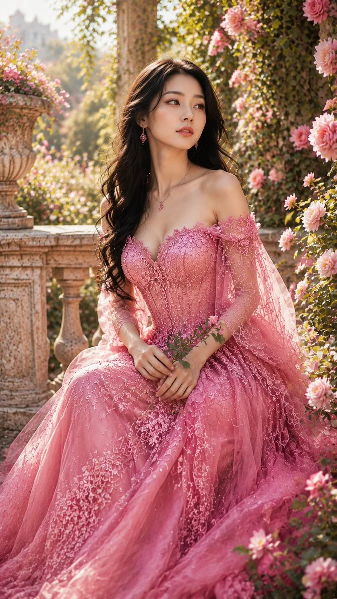 Elegant woman in crystal-adorned gown gazes softly at golden horizon