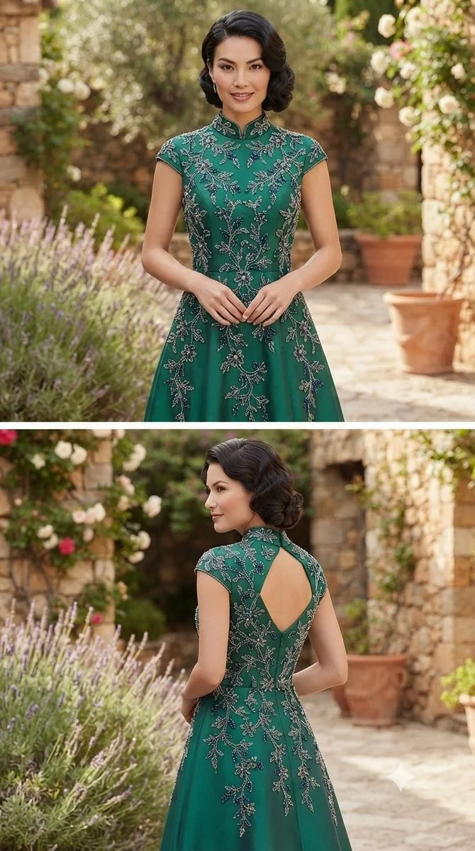 Elegant woman in embroidered gown poses in sunlit courtyard