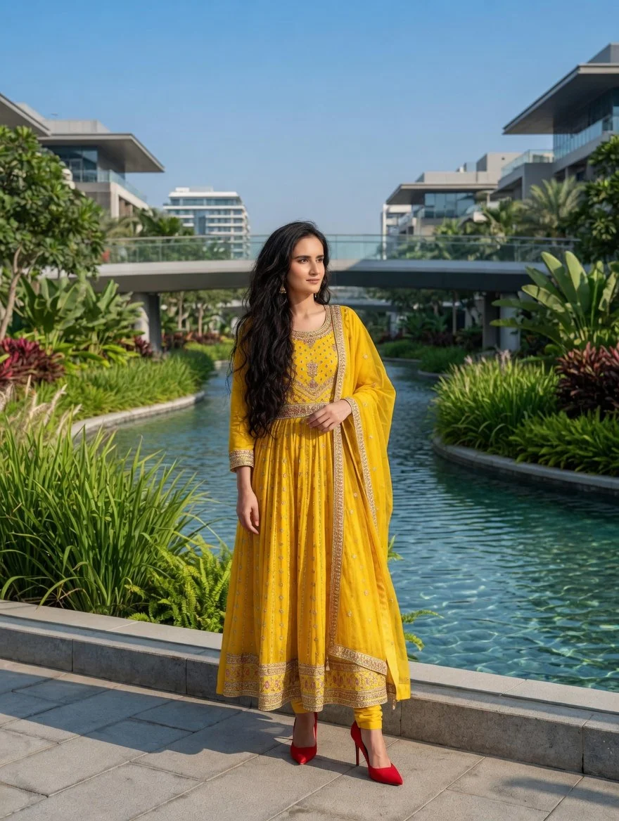 Elegant woman in embroidered yellow dress poses near modern canal