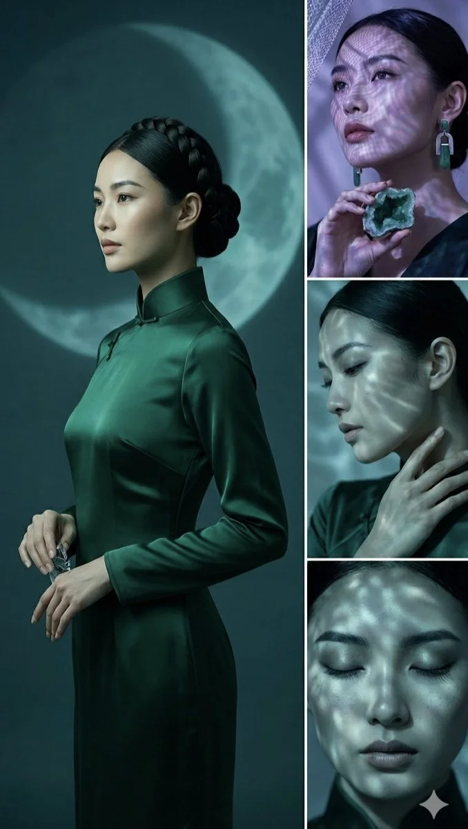 Elegant woman in emerald satin under a crescent moon