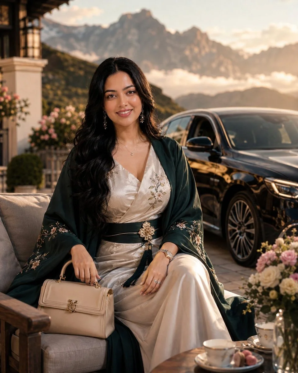 Elegant woman in ivory gown poses beside luxury SUV
