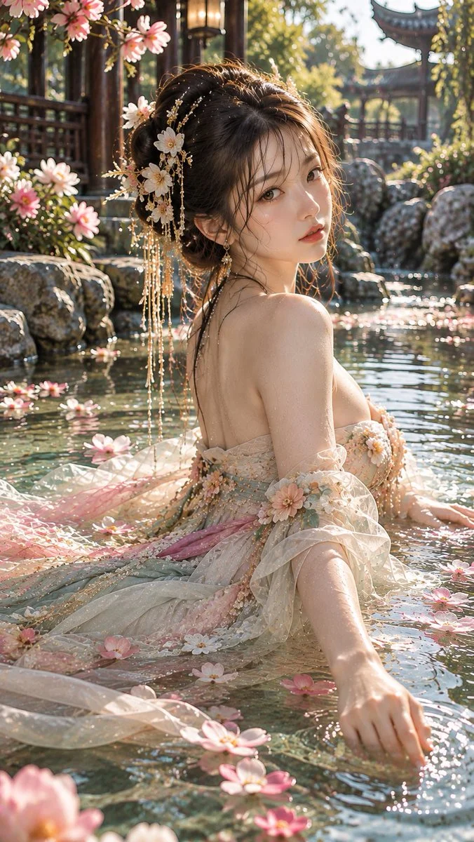 Elegant woman in Jiangnan garden pool with flowing wet dress