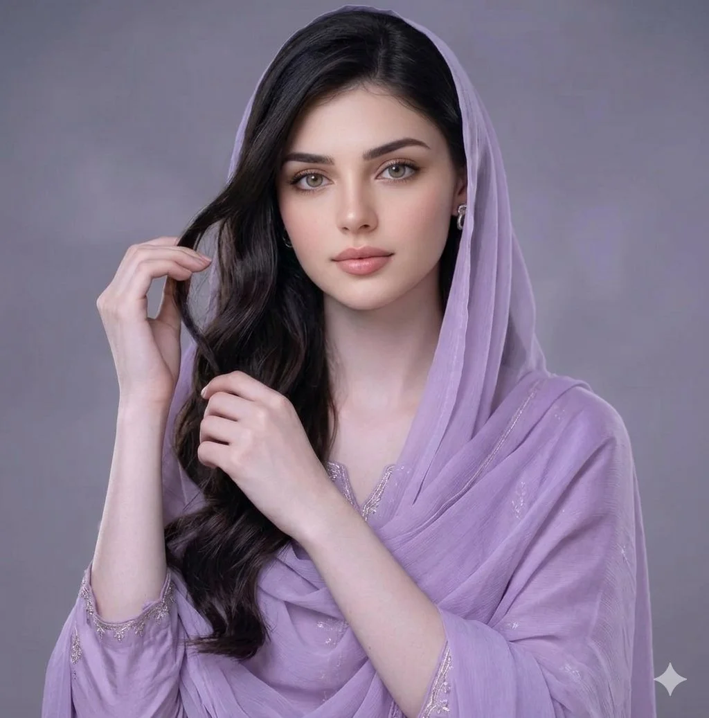 Elegant woman in lavender chiffon poses with serene gaze