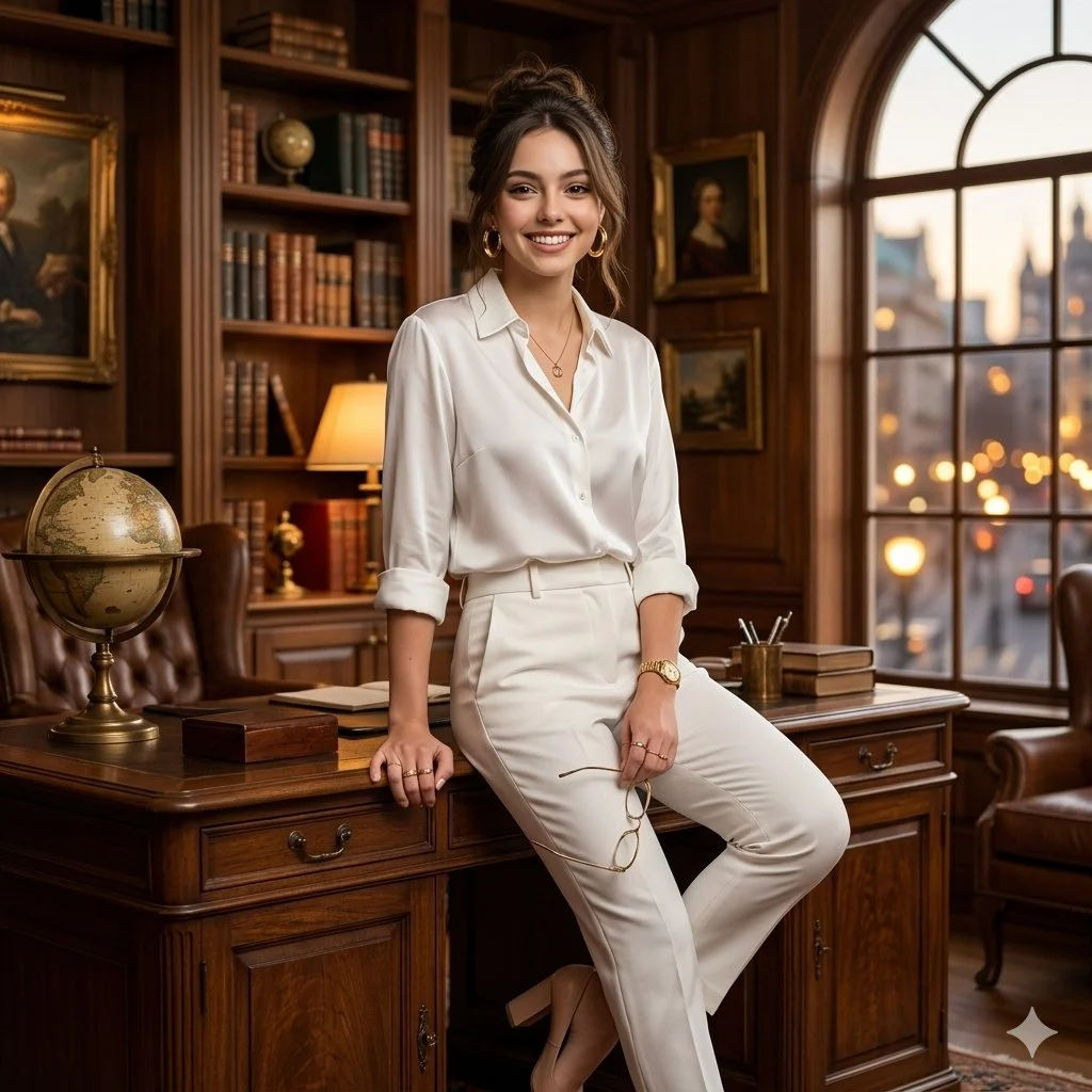 Elegant Woman in Luxurious Vintage Study with Gold Accents