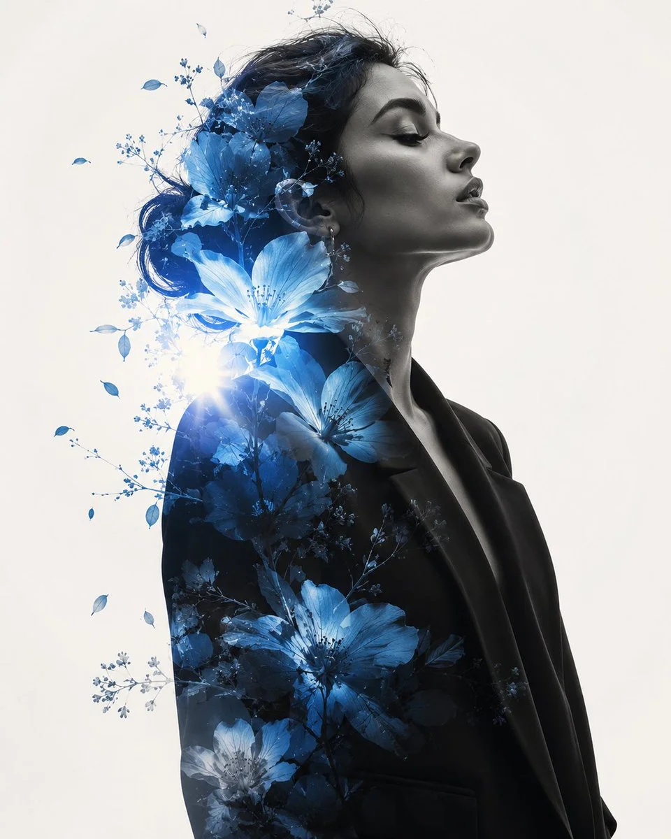 Elegant woman in monochrome with translucent blue flowers