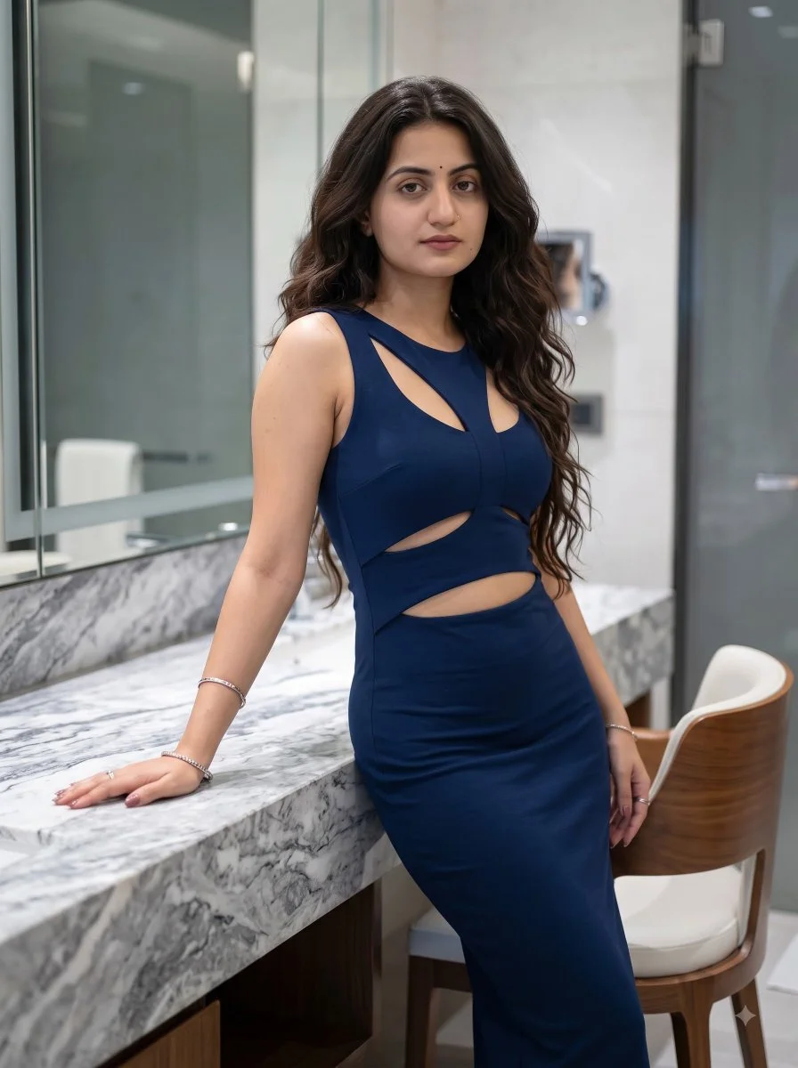 Elegant woman in navy dress leans on marble vanity