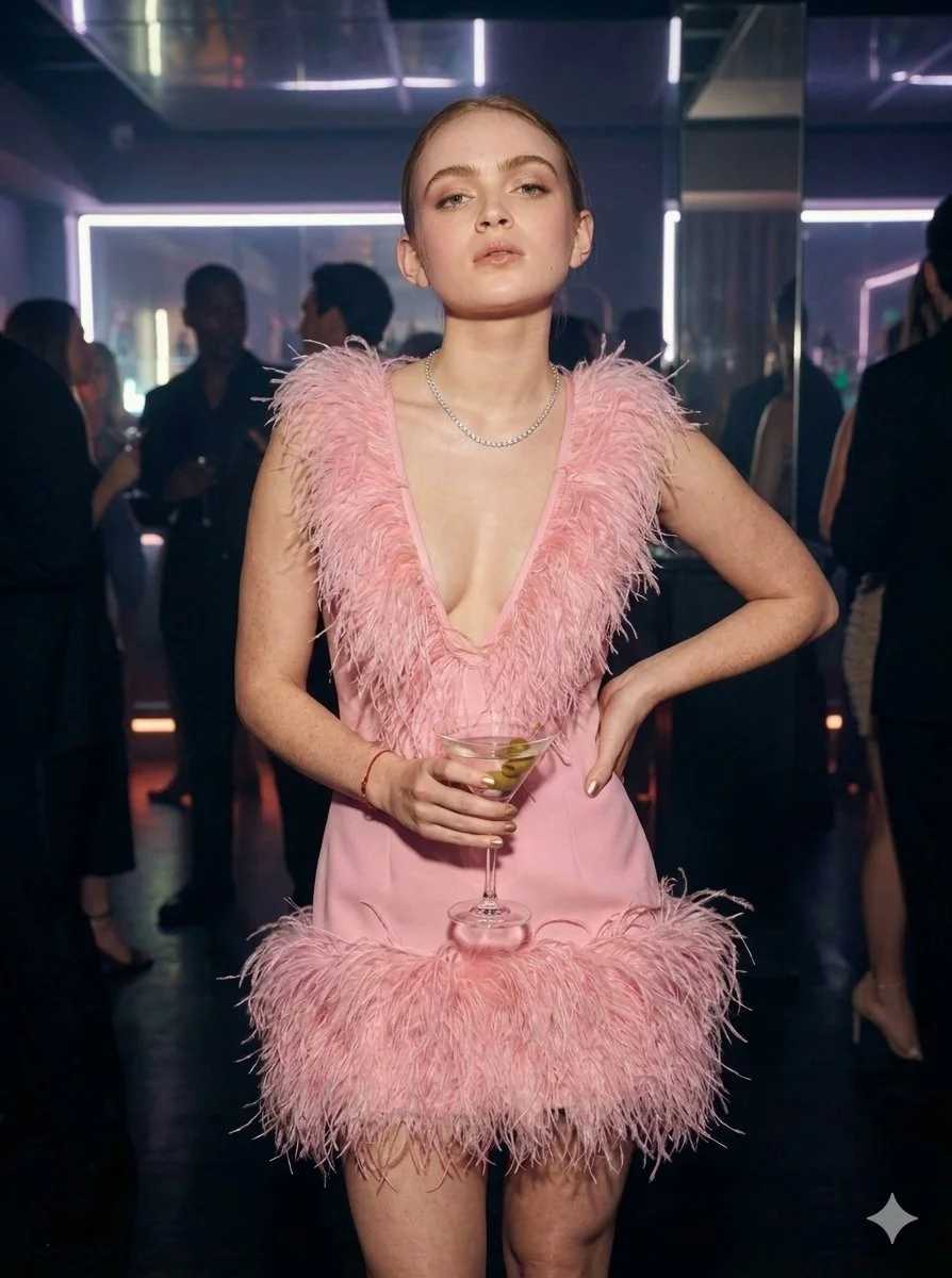 Elegant woman in pink feather dress holds martini in neon lounge
