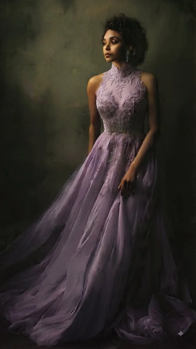 Elegant woman in purple gown poses against moody backdrop